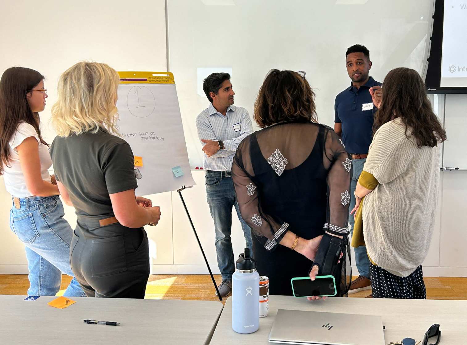 Group of four people looking and listening to presenter while standing in front of easel with notes 