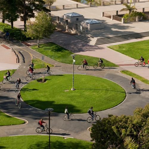 Bikes riding on UCSB campus roundabout
